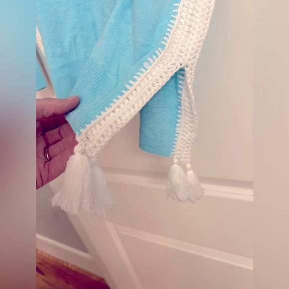 NWOT Lilly Pulitzer Damara Coolmax Crochet/Tassel Details Sweater Turquoise Sz M - Picture 14 of 16